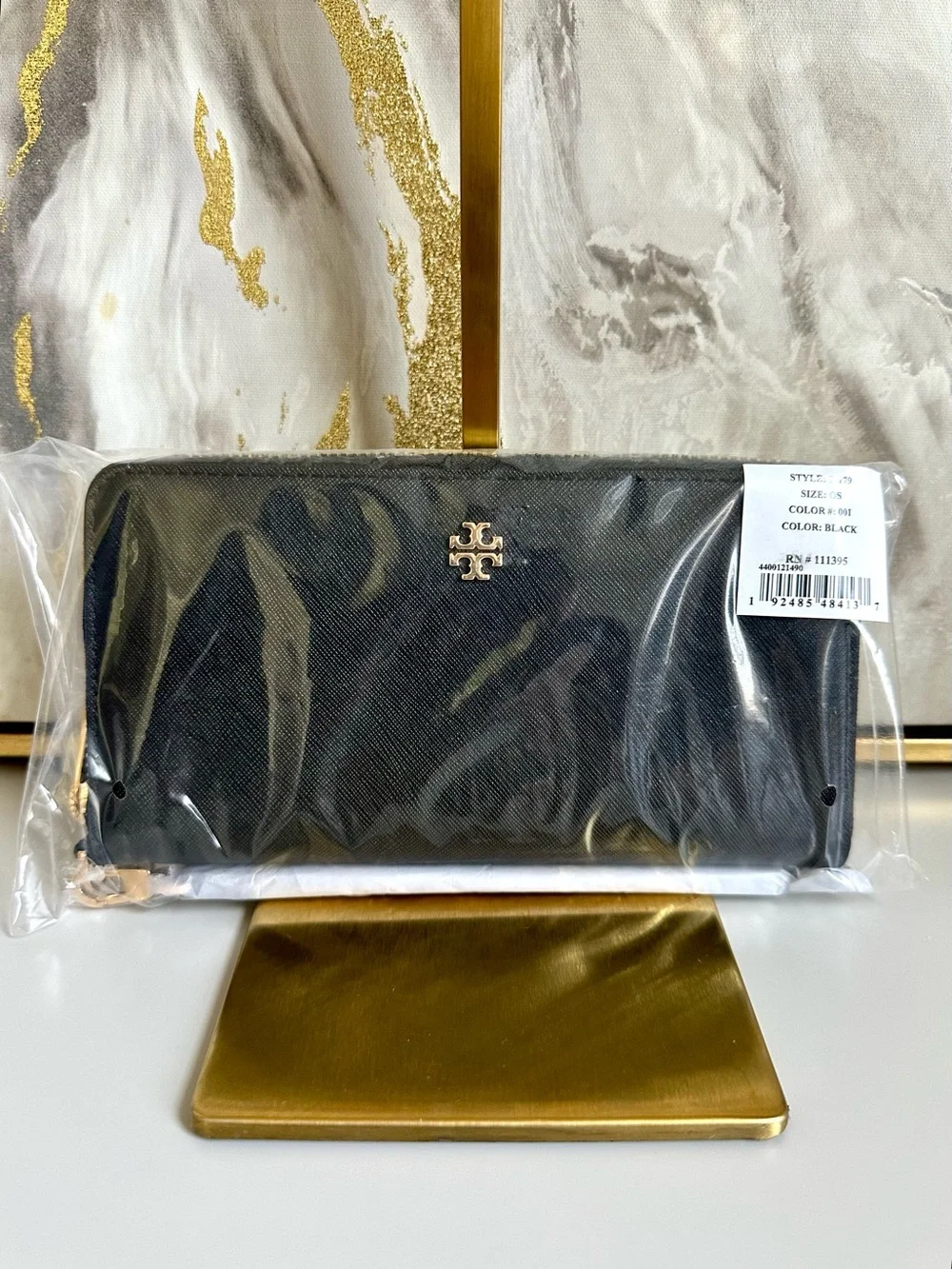 NWT Tory Burch Black Saffiano Zip-Around Wallet with Gold Logo